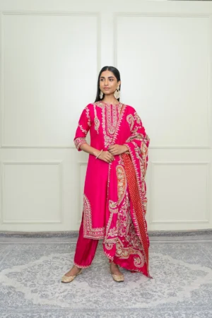 rani-hotpink-a-line-kurta-with-dogri-salwar-and-odhni