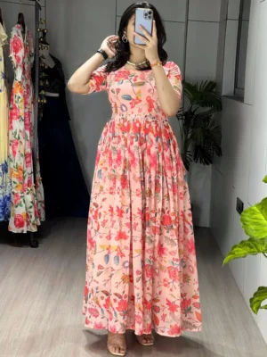 amazing-peach-floral-printed-georgette-festive-wear-dress