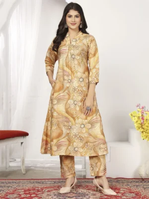 awesome-beige-floral-printed-chanderi-silk-casual-wear-kurti-with-pant