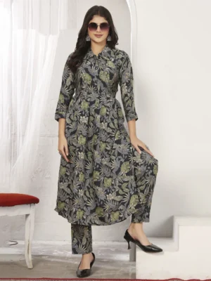 pretty-navy-blue-floral-printed-rayon-silk-casual-wear-kurti-with-pant