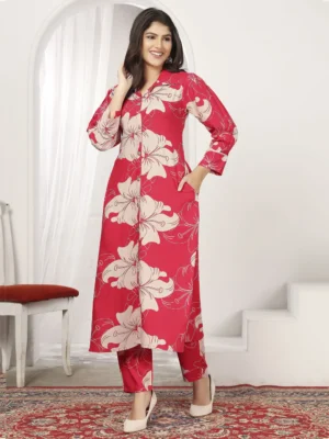 Wonderful Red Floral Printed Rayon Silk Casual Wear Kurti With Pant
